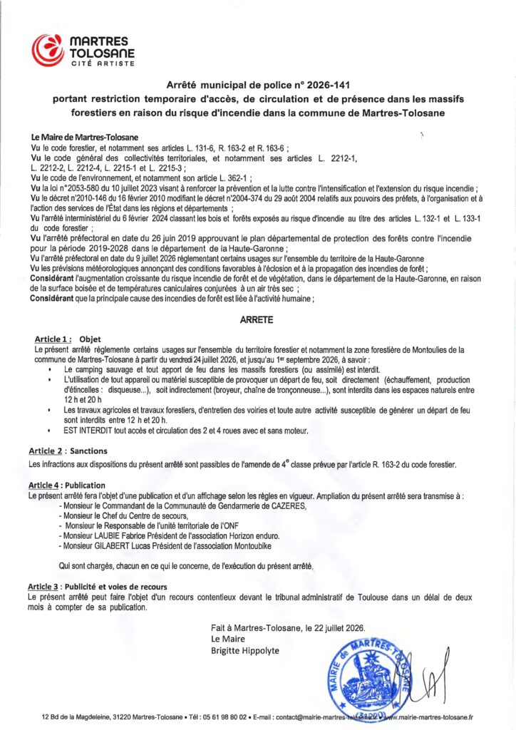 Arrêté municipal – restriction temporaire d&rsquo;accès massifs forestiers