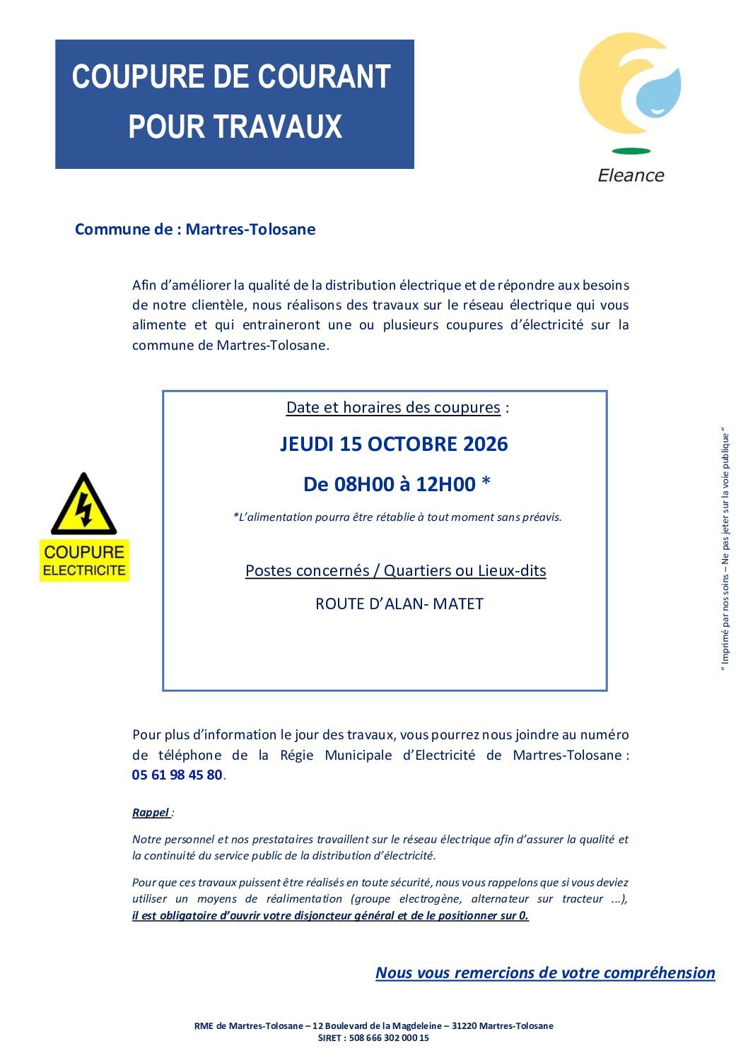 Coupure de courant pour travaux